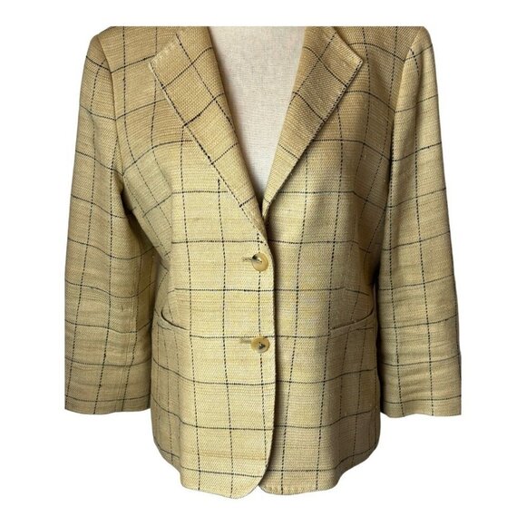 Max Mara Tan And‎ Black Plaid Silk And Linen Blend Two Button Blazer Size 12 - Picture 5 of 13
